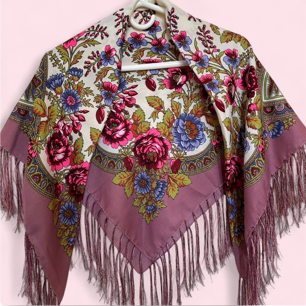 VTG Slavic Floral Wool Fringe Shawl Scarf Pavlovo Posad Folk Hustka-37x37”-Boho